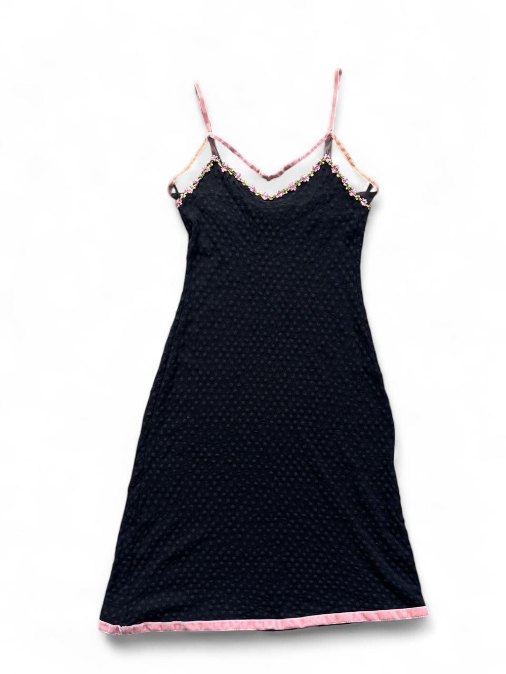 Betsey Johnson Black Slip Dress with Pink Trim and Floral Accent